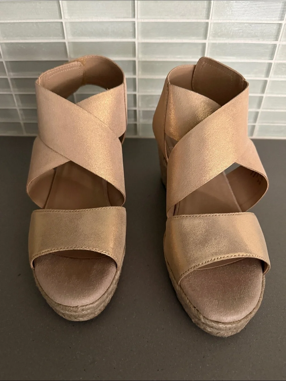 Womens Metallic Rose Gold Espadrille Wedge Sandals